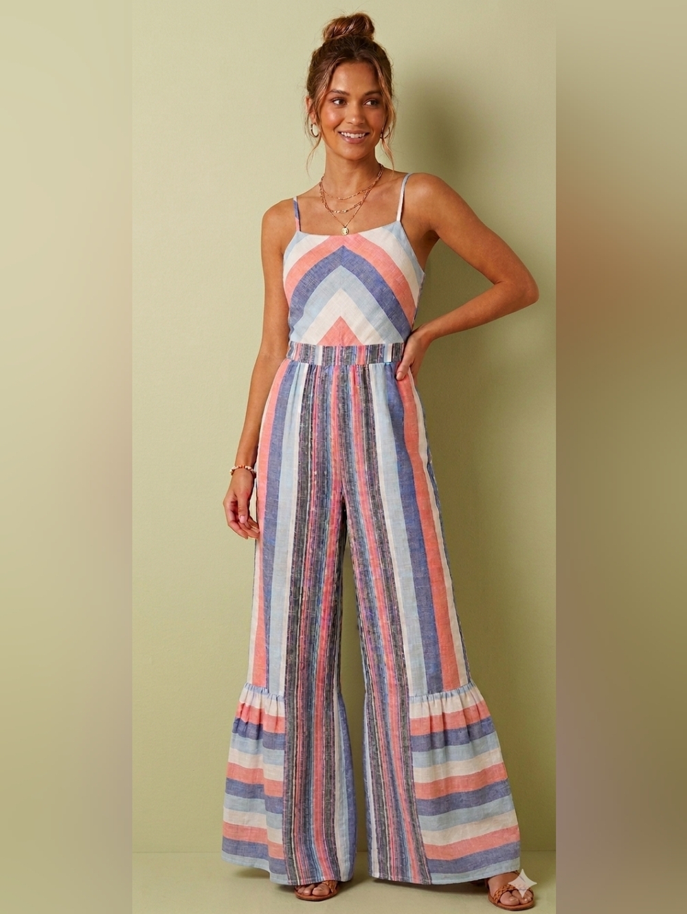Wide Leg Flared Ruffle Striped Jumper Pastels Pink/Blue/White Smocked Back Sz M